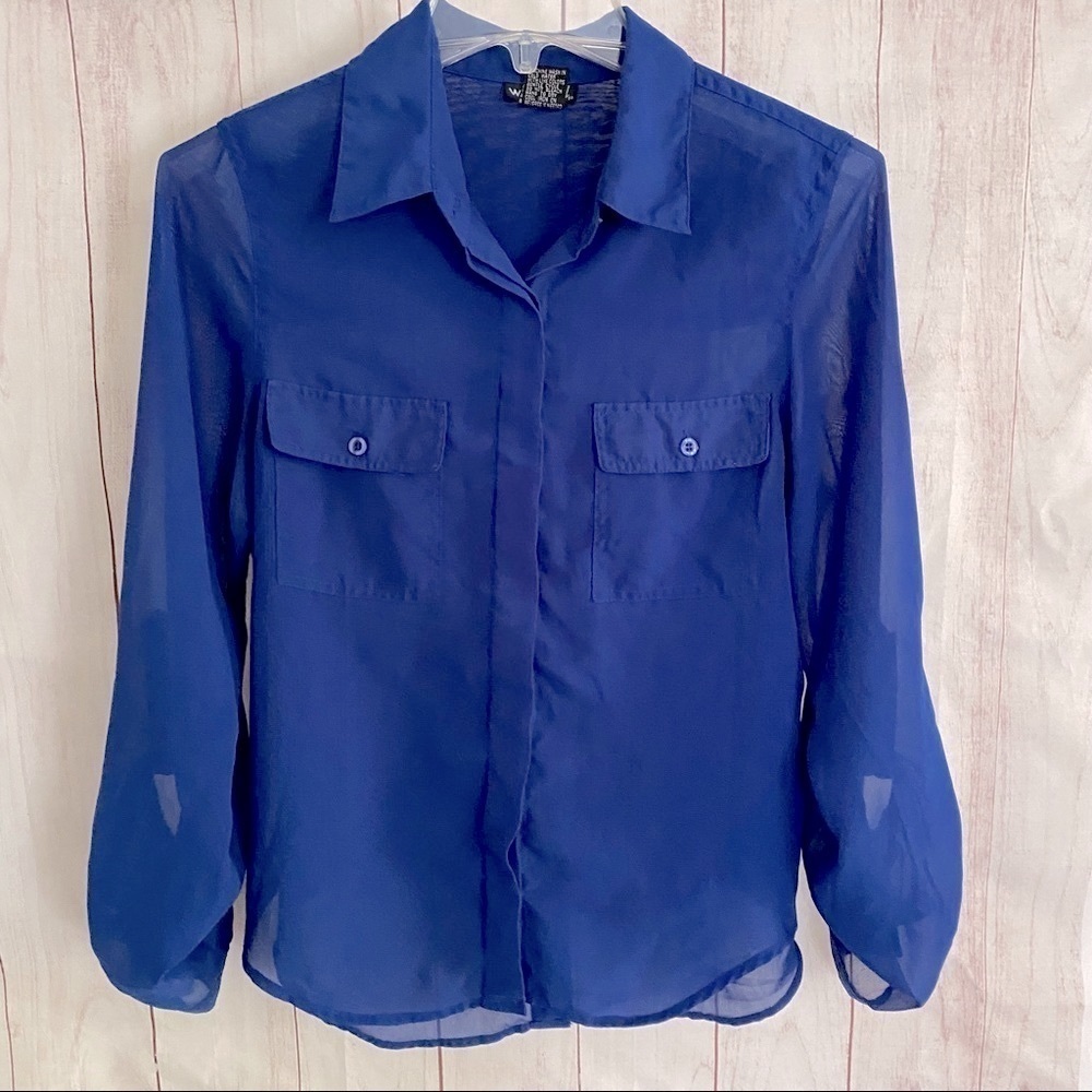 🔵 𝅺Wet Seal Sheer Blue Button Down Long Sleeve Top Size M